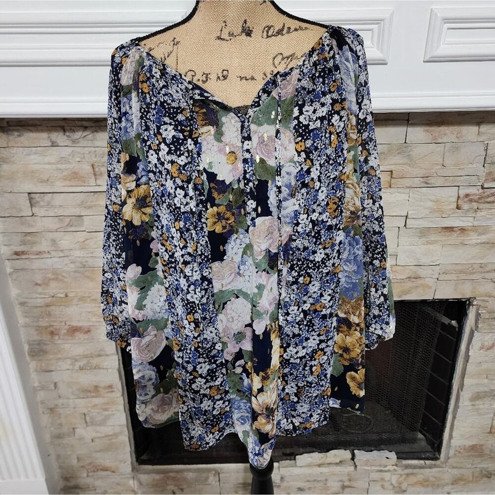 Anthropologie x‎ fig & flower gold & blue floral sheer sleeve blouse plus size
